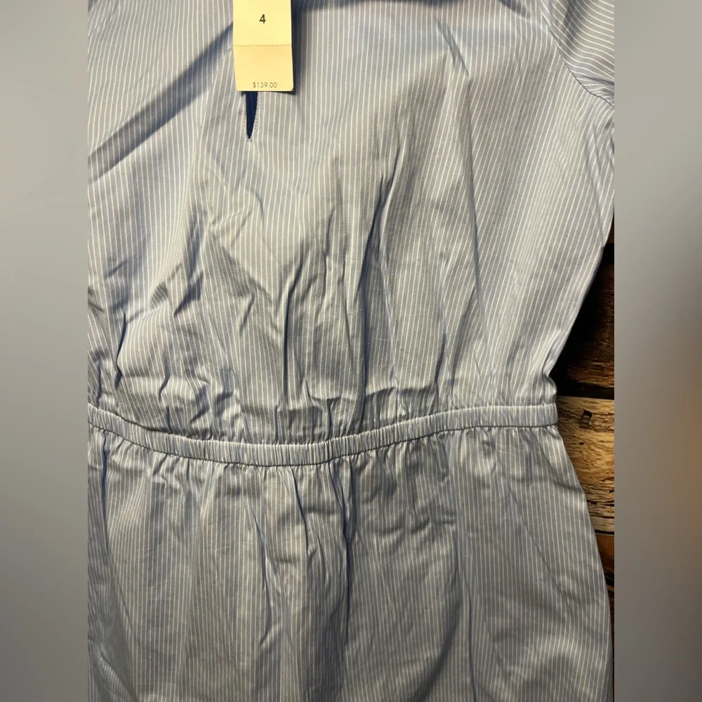 Ann Taylor Blue and White Pin Stripe Cold Shoulder Ruffle Dress (102) - Picture 6 of 9